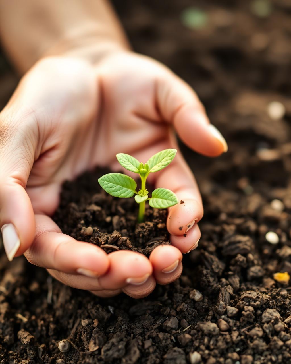 Hands gently holding a young seedling